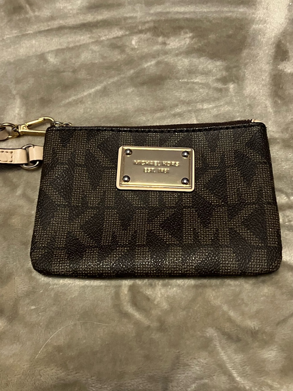 Michael Kors Dark Brown Logo Wristlet with Light Tan Strap